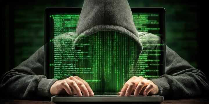 Anonymous hacker in a hoodie typing on a laptop with glowing green code on the screen