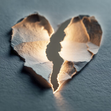 Broken paper heart pieces under dramatic light heartbreak concept, 극적인 조명 아래 찢어진 종이 하트 조각 실연 콘셉트