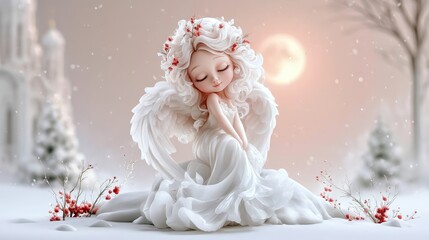 Naklejka premium Elegant Angel Statue in Crystal-like Snowy Landscape with Dreamy Background and Soft Lighting Effects