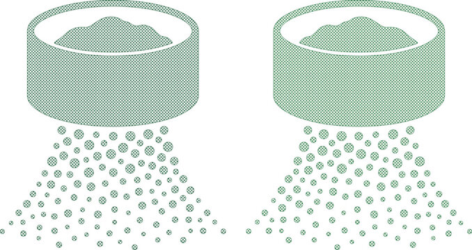 Sifting process vector illustration, two green sieves with falling particles, filtering and separation concept, purification and refinement graphic resource