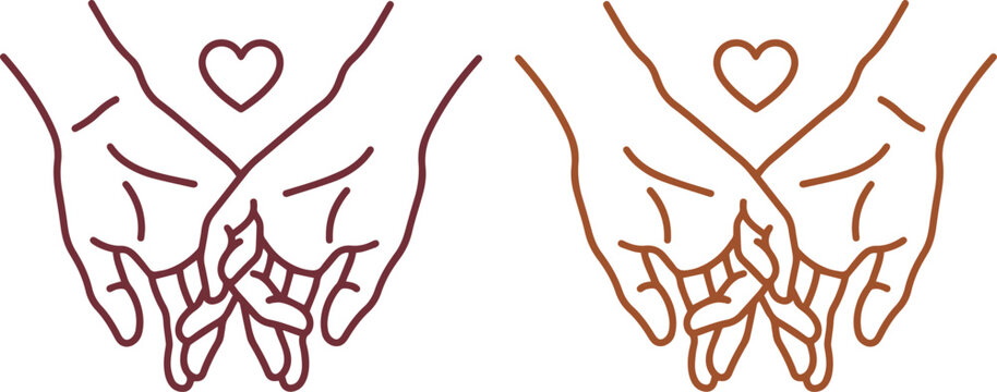 Minimalist holding hands line art vector illustration, two intertwined hands with heart symbol, romantic couple connection, love and relationship concept graphic element