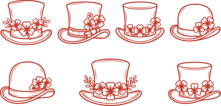 Elegant Top Hat Vector Set, seven vintage-inspired hats adorned with delicate floral and leaf embellishments, classic fashion accessories for design projects, outline style graphics