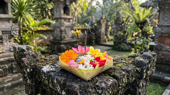 Traditional balinese canang sari offering with burning incense placed on a weathered stone temple pedestal