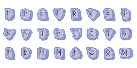 Obraz premium Set of hand drawn viking runes Rune stones with ancient norse alphabet characters engraved on them Scandinavian futhark germanic celtic Single element for design, print, web, decor
