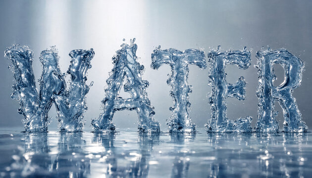 The word water spelled out in clear liquid splashes and droplets on a reflective surface with a soft gray background, and dynamic water motion
