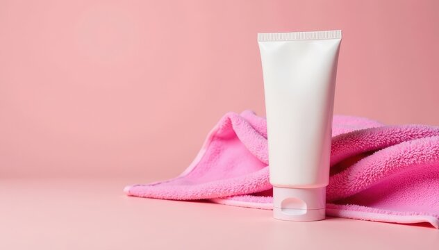 Soft pink towel wraps around a body cream tube, cosmetics, skincare, relaxation