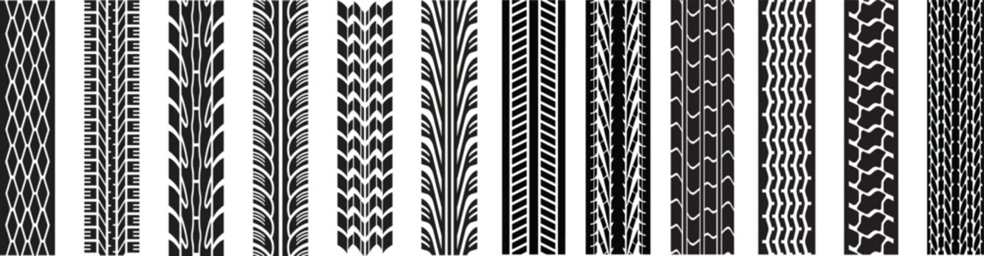 Silhouette collection of modern and classic vehicle tire prints for design projects.Vector illustration of black rubber vehicle tyre tracks set for graphic design.