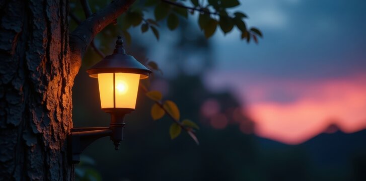 Solar powered LED light on a tree branch at dusk , night sky, landscape, outdoor lighting
