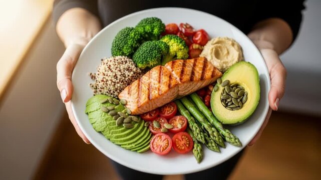 Well cooked Salmon steak ontop of some rice and healthy organic vegetables in a white beautiful ceramic plate during the daytime, healthy lifestyle meal concept