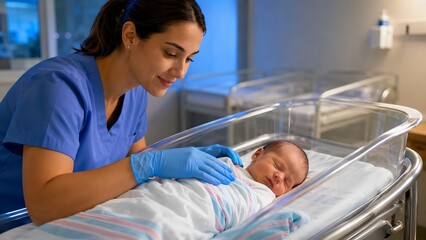 Obraz premium Nurse gently caring for newborn baby in hospital nursery