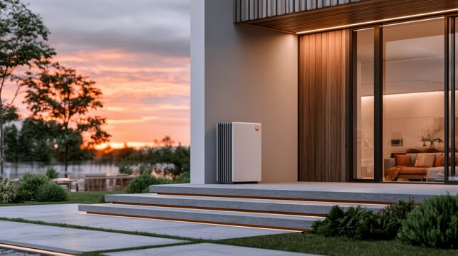 Modern Residential Battery Backup System Integrating Eco-Friendly Technology at Sunset