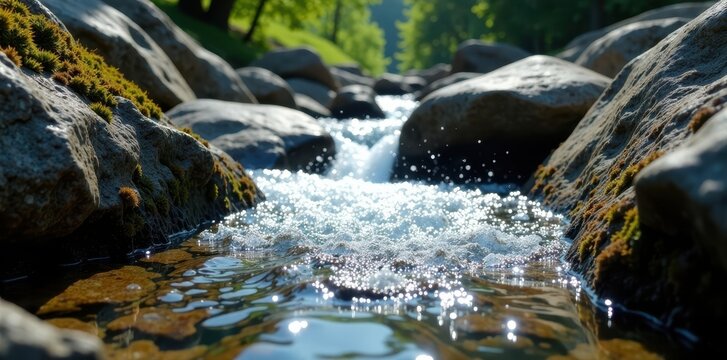 Sparkling water gushes from a rocky mountain spring, sparkling water, rocks, trees