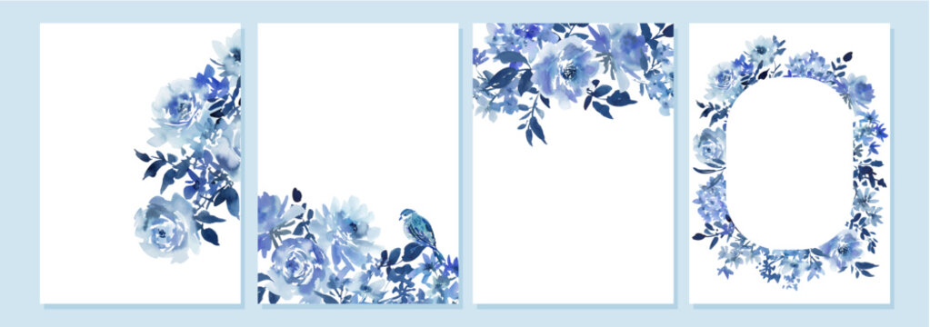 Watercolor floral wedding invitation card background set with abstract hand painted blue roses, wild flowers and bird. Vector file.