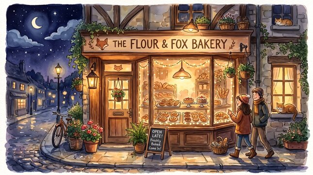 Charming flour and fox bakery shop storefront illuminated at night with a couple looking inside window