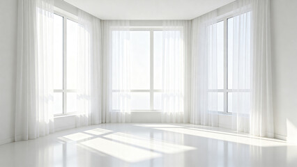 Fototapeta premium Empty White Room with Tall Windows and Soft Sheer Curtains