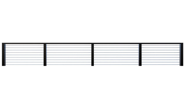 Minimalist black metal deck railing featuring horizontal steel cable infill isolated on clean transparent background.