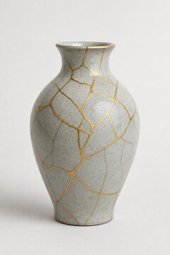 bennington. Shattered ceramic vase repaired with golden lacquer, kintsugi art on simple background. event programs, museum guides, designed for cultural heritage projects and event programs.
