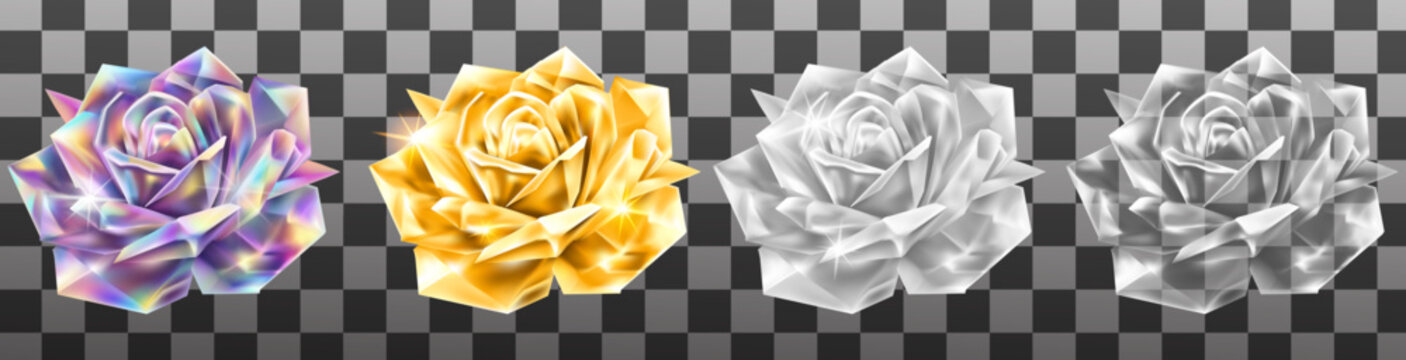 set of four luxury crystal roses colors iridescent holographic, shining gold, sparkling silver and clear transparent glass luxury branding templates