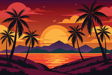 Obraz premium beautiful sunset landscape vector design with palm trees, flying birds and hills 