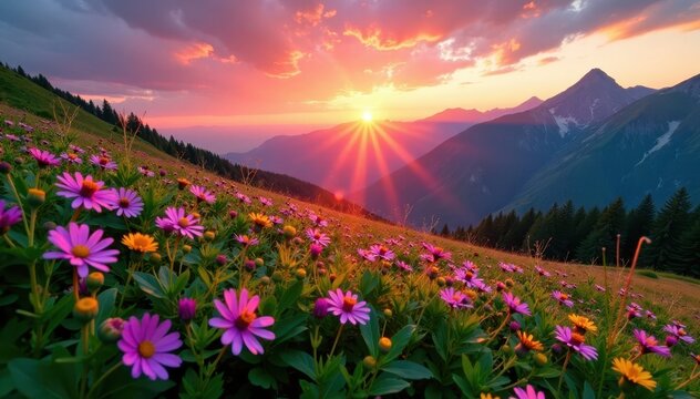 Sunset in the Fagaras Mountains with wildflowers, summer, nature, mountains