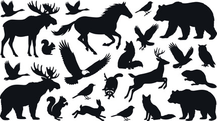 Black silhouettes of various wild animals and birds on white background © SAYEDAJANNATUL