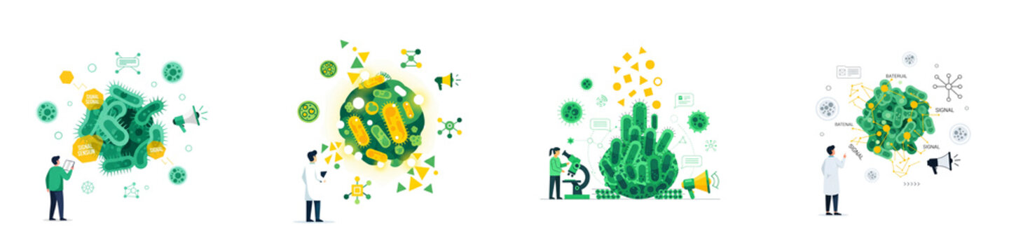 Scientists studying bacterial communication and quorum sensing in laboratory