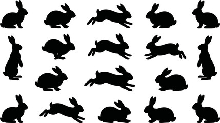 Collection of black rabbit silhouettes in various poses on white background © SAYEDAJANNATUL