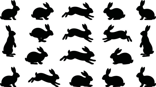 Collection of black rabbit silhouettes in various poses on white background