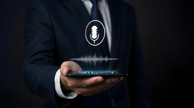 a businessman holding a smartphone displaying a soundwave and a microphone icon, representing voice technology and audio recording