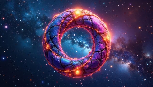 Torus geometry shape with galaxy background and sacred symbols, geometry, spiritual, universe
