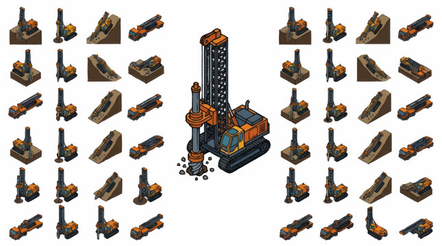 Construction equipment and building materials isometric elements collection.