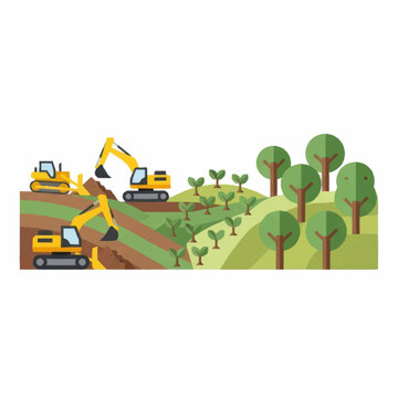 Construction excavators working on a hillside with trees and saplings.