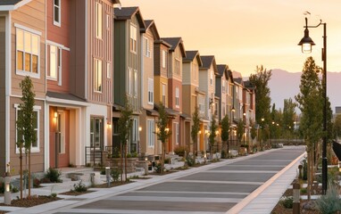 Fototapeta premium Newly Developed Housing Community Featuring Modern Architecture and Scenic Environment at Sunset