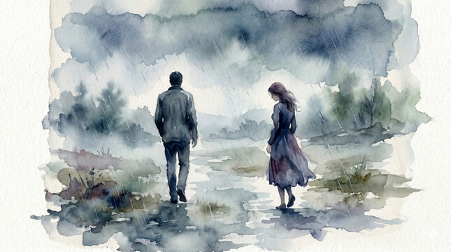 The Echo of Goodbye: Melancholic Watercolor of Two Silhouettes in the Rain