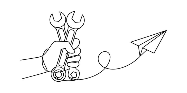 Continuous single line drawing of hand holding two metal wrenches and a flying paper airplane symbolizing creative technical repair and service solutions
