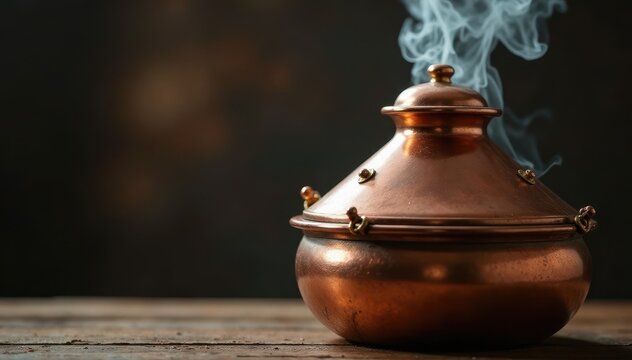 Traditional copper still with wooden lid and steam vent , distillation, pot, copper
