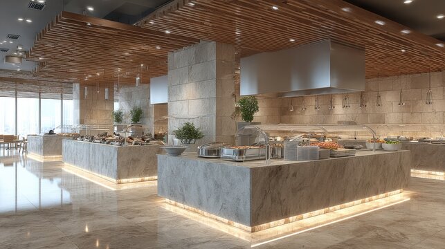 Elegant modern buffet restaurant interior with marble counters and warm lighting