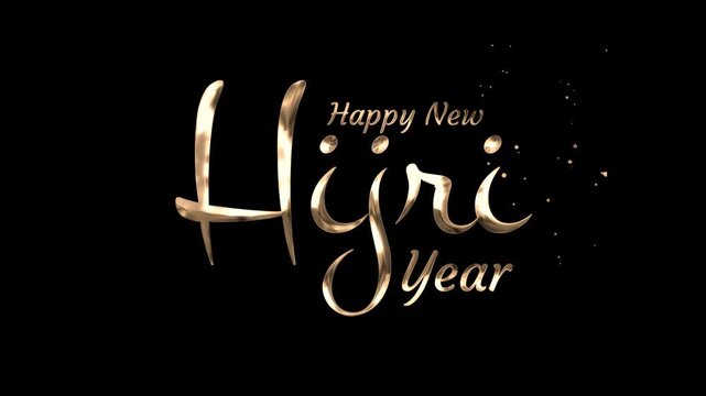 Gold lettering happy new hijri year text on black background, elegant holiday greeting. Perfect for islamic holiday designs and greetings cards.