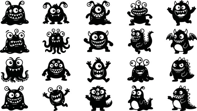 Collection of various cartoon monsters with different expressions and poses