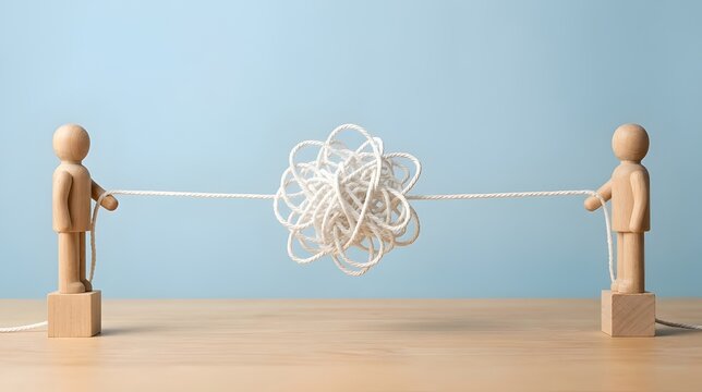 Concept of mediation and problem solving with two wooden figures trying to untangle a complicated knot of string