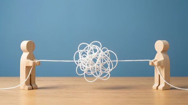 Two wooden figures pulling a tangled string concept of resolving conflict untangling a problem and teamwork communication