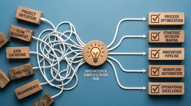 Business innovation and simplification hub turning complex project initiation steps into streamlined process optimization and operational excellence