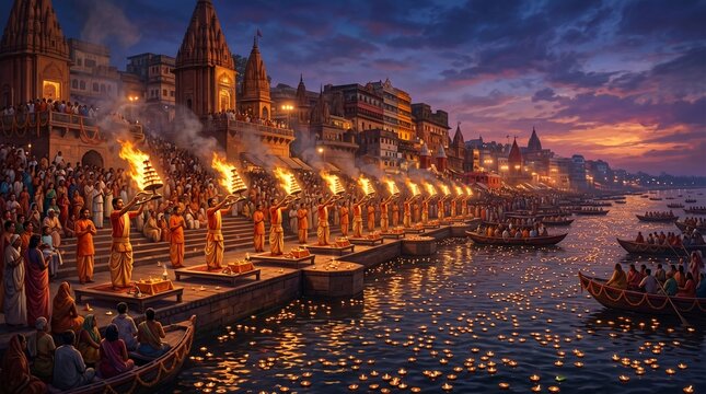 Sacred Jyeshtha Purnima Ganga Aarti Under Full Moon &ndash; Devotees Worship at Illuminated Temple Ghats
