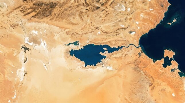 Satellite view of aral sea and desert landscape central asia geography