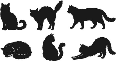 Set of black cat silhouettes in different poses and positions on white background © SAYEDAJANNATUL