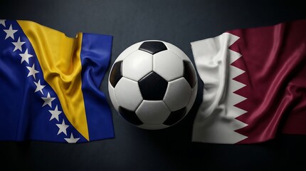 Fototapeta premium Flags of bosnia and herzegovina and qatar with a soccer ball on dark background