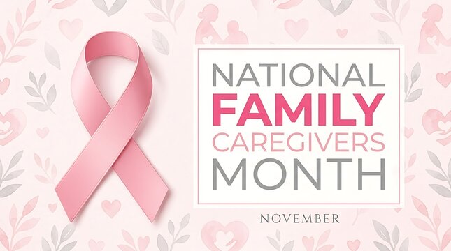 Pink ribbon awareness symbol for family caregivers month on floral background