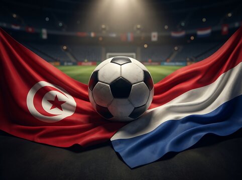 Tunisian and dutch flags with soccer ball in stadium