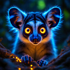 Fototapeta premium Lemur with Intense Glowing Orange Eyes on Branch in Bioluminescent Blue Forest at Night 