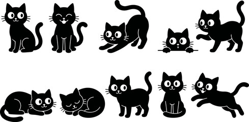 Set of cartoon black cats in various poses and expressions on white background © SAYEDAJANNATUL